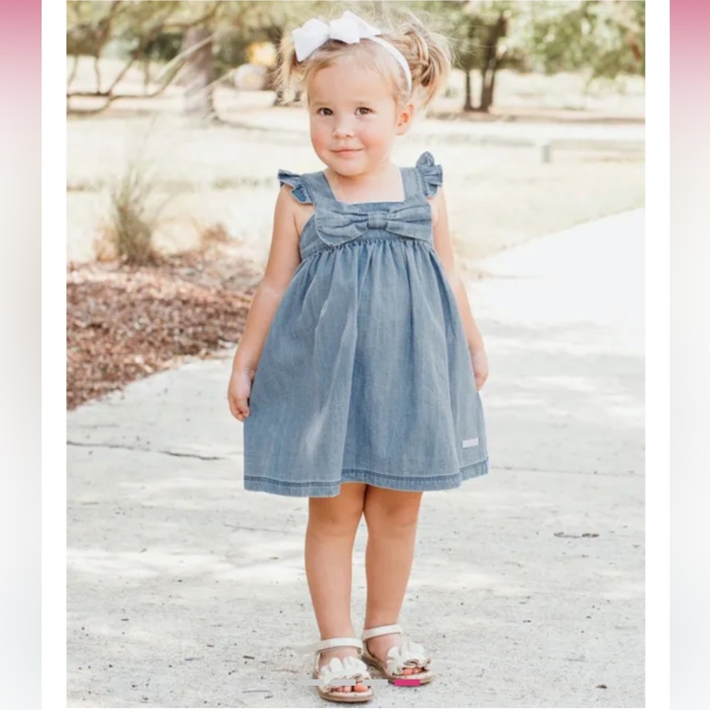 Ruffle Butts Flutter Bow Woven Dress, Blue Denim Dress, New Without Tags